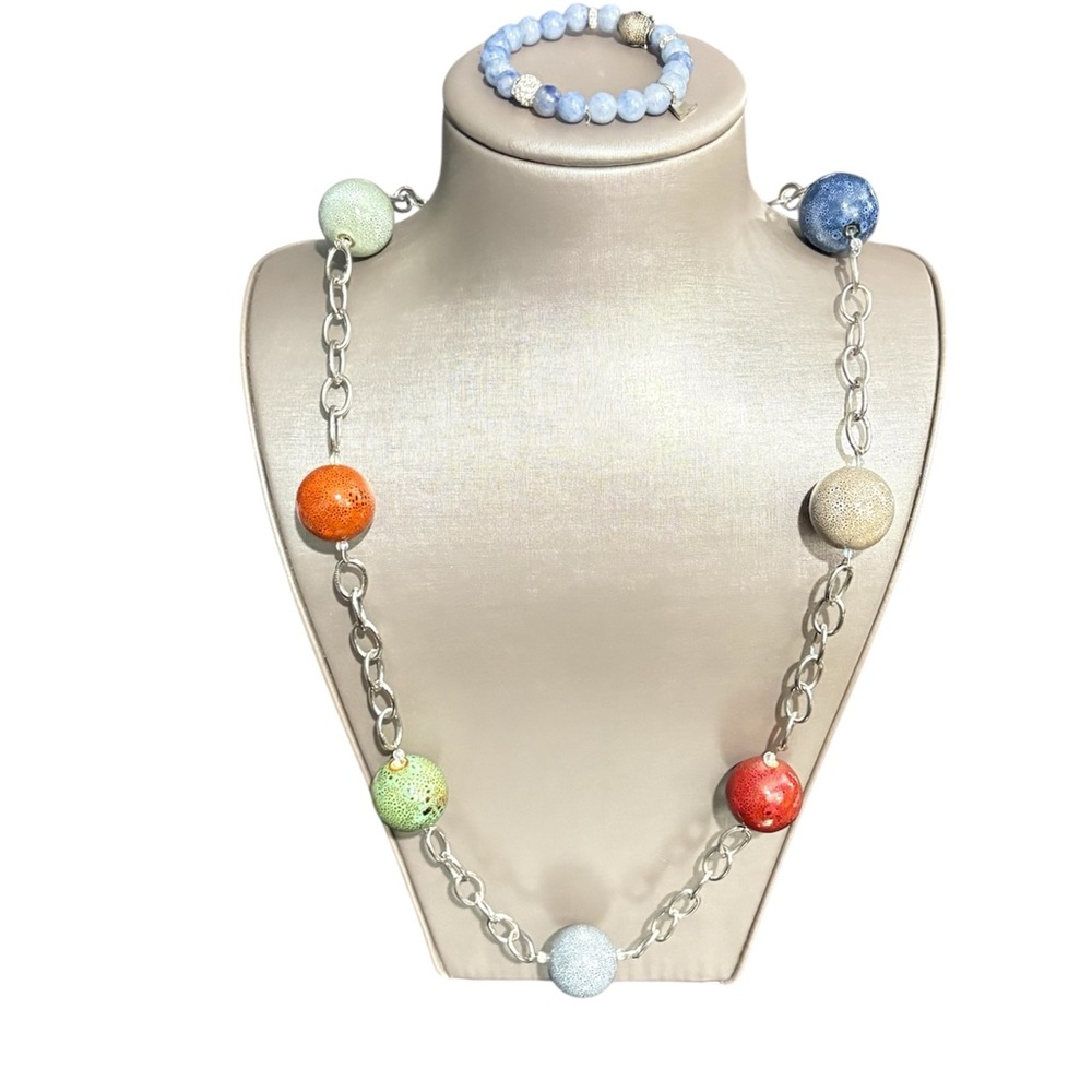 Colorful Ceramic Beaded Necklace with Blue Lace Agate Bracelet